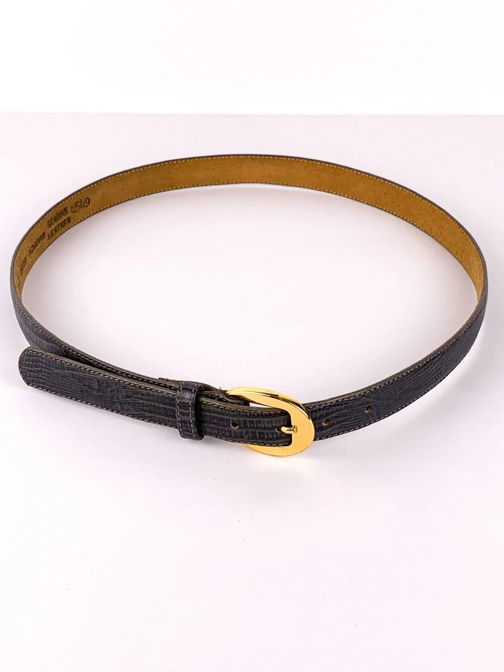 Vintage Greg Adams gray lizard embossed leather belt solid brass buckle size M/L